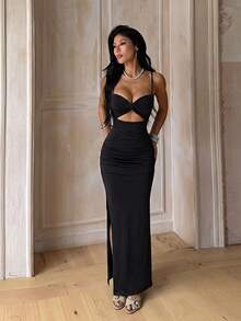1pc Solid Color Elegant Knit Fabric Sleeveless Dress Beach Summer - Black - View 1