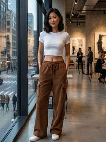 PANTALON DE PANA TIPO CARGO PARA MUJER - Marrón - Ver 1