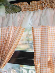 1pc Japanese Minimalist Girl Style Small Checkered Ruffle Half Curtain, Kitchen Coffee Short Curtain, Translucent Non-See-Through Sheer Curtain, Bathroom Door Partition Curtain - 1PC - View 6