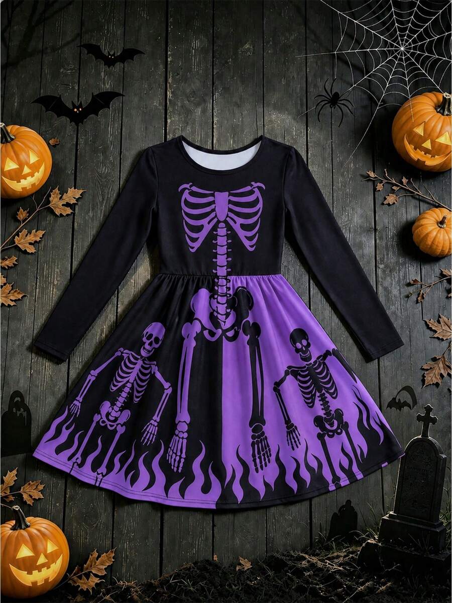 Halloween Funny Graphic Print Long Sleeve Dress - Purple - View 1