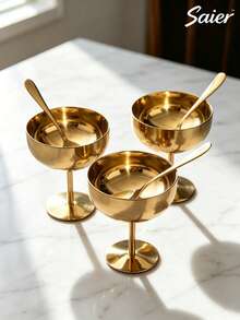 Gold Stainless Steel Dessert Cup With Spoon, Round Base Pudding Tray/Salad Fruit Yogurt Snack Candy Dish, Space-Saving Stackable Convenient Storage, Party/Ramadan/Afternoon Tea Special High-Foot Ice Cream Cup, Yogurt Pudding Bowl, Anti-Drop Premium Tableware Set. - Multicolor - View 2
