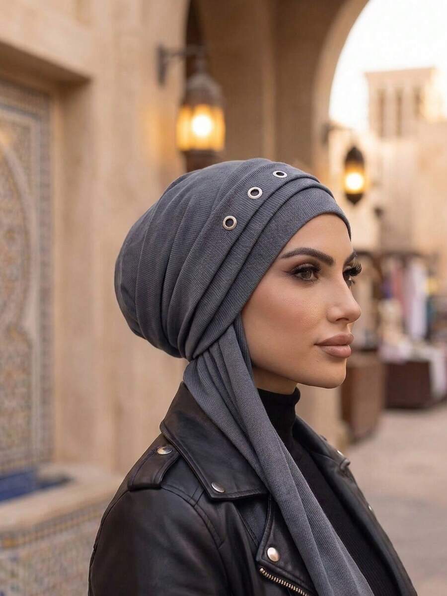 2pcs Muslim Women Hijab Set, Ribbed Knit Twisted Headscarf With Long ...