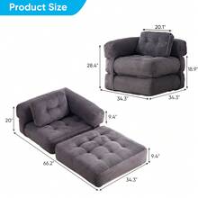 L-Shaped Corduroy Folding Sofa Bed, Multi-Functional Convertible Lazy Sofa For Small Spaces - Dark Grey - View 2