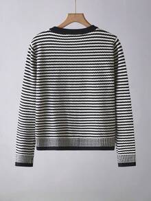 BYGOUBY Women's Striped Knit Cardigan, Round Neck Pearl Button Long Sleeve Casual Knit Sweater Jacket, Autumn/Winter - Black - View 7