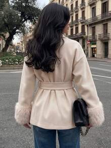 Women's Elegant Beige Woven Fabric Coat, Shawl Collar Design, With Faux Fur Cuffs And Belt, Autumn/Winter - Beige - View 11