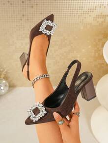 Women's Fashion Rhinestone Pointed Toe Square Buckle Suede High Heels, Comfortable Versatile For Outdoor, Commute, Office And Multiple Occasions - Brown - View 2
