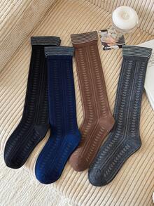 1 Pair/4 Pairs Women's Autumn/Winter Heart Pattern Knee-High Socks, Versatile Striped Knee Socks With Wide Cuff - Multicolor - View 2