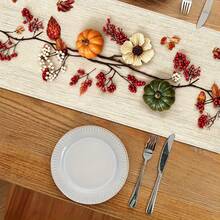 1pc Autumn Harvest Pumpkin & Berry Table Runner, Linen Texture Maple Leaf & Berry Print Tablecloth, Indoor/Outdoor Decorative Table Runner, Suitable For All Seasons, Daily, Wedding, Holiday Home Decor, Dining Room, Living Room, Table & Cabinet Decoration - Red - View 9