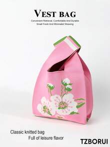 Pink Floral Knitted Wrist Bag, Gentle Flower Print Mini Woven Handbag - Pink - View 2
