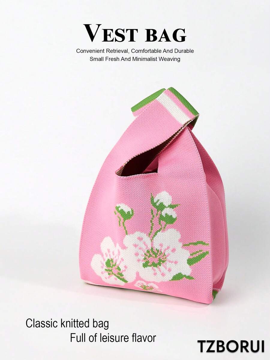 Pink Floral Knitted Wrist Bag, Gentle Flower Print Mini Woven Handbag