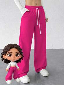 Pantalones de chándal de cintura alta de color sólido - Pantalones de yoga de pierna ancha y corte holgado con bolsillos laterales - Rosa Roja - Ver 1