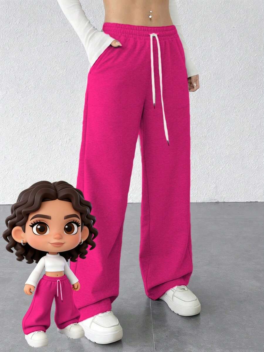Pantalones de chándal de cintura alta de color sólido - Pantalones de yoga de pierna ancha y corte holgado con bolsillos laterales - Rosa Roja - Ver 1