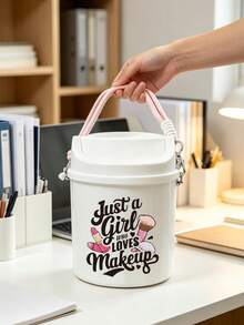 Portable Printed Makeup Storage Bucket With Lid, Large Capacity Cross‑Body Cosmetic Organizer, Dust‑Proof For Lipstick Brushes Eyeshadow Palette, Desktop Bathroom Dorm Vanity Storage For Girls Makeup Lovers, Back‑To‑School Gift - Multicolor - View 9