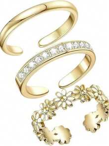 3pcs/Set Women's Flower Open Adjustable Toe Rings, Beach Vacation Style Fashion Foot Jewelry Set - Gold - View 5