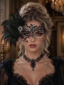 Vintage Gothic Black Lace Feather Masquerade Mask With Rhinestone Chain Eye Cover, Women's Halloween Party Wedding Cosplay Costume Accessory - Multicolor - View 1