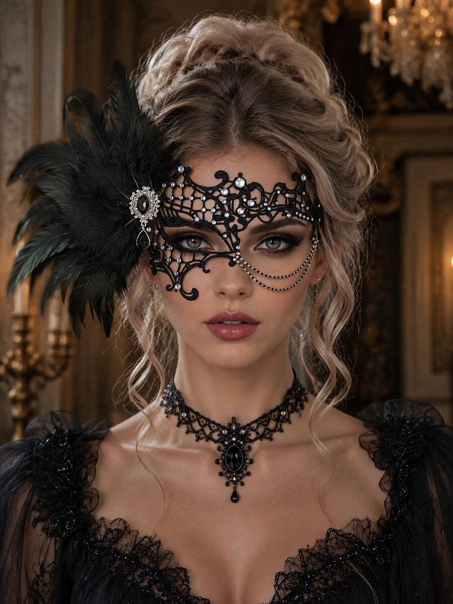 Vintage Gothic Black Lace Feather Masquerade Mask With Rhinestone Chain Eye Cover, Women's Halloween Party Wedding Cosplay Costume Accessory - Multicolor - View 1