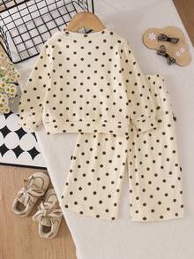 2pcs Baby Girls Vintage Sweet Style Polka Dot Round Neck Long Sleeve Sweatshirt With Side Ribbon Bow Straight Leg Pants Set, Spring/Autumn - Champagne - View 3
