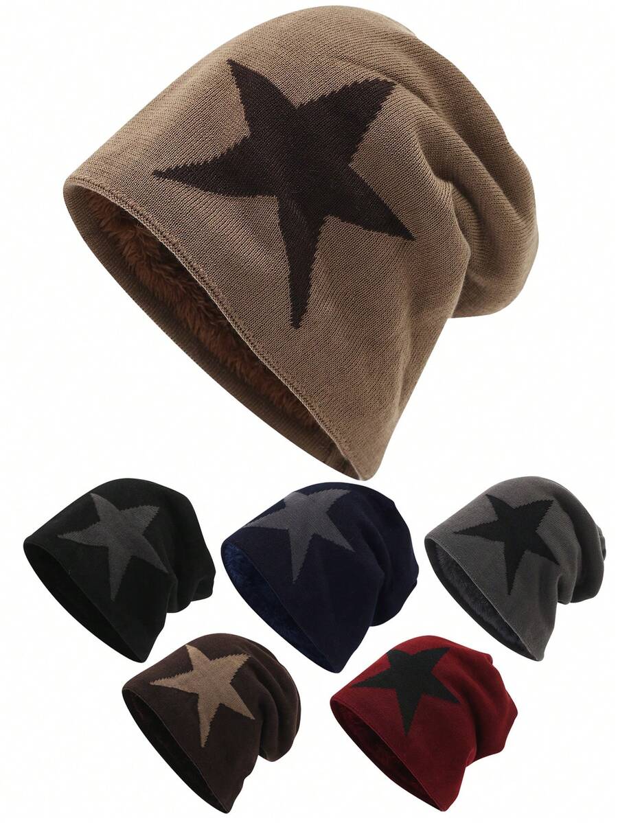 1pc Y2K Vintage Style Knitted Beanie, Men's Pentagram Jacquard Fleece Lined Knit Hat, Suitable For Women And Girls, Retro Streetwear Beanie, Star Embroidery Detail, Loose Elastic Fit, Most Comfortable, Suitable For Autumn/Winter Casual, Outdoor And Streetwear Looks, Unisex - A - View 1