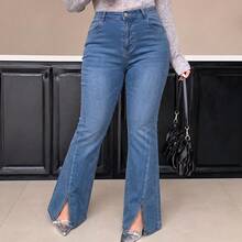 Plus Size High‑Stretch Flare Leg Denim Jeans, Medium Blue Washed High Waist Front Slit Hem Jeans For Pear‑Shaped Curvy Figures - Blue - View 1