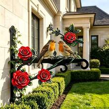 Iron Outdoor Hanging Bracket With Robin Rose Wreath Design, Vibrant Colors, Double-Sided Painting, Includes Screws, Decorative And Practical, Sturdy Iron Material; Suitable For Hanging Bird Feeders, Wind Chimes, Flower Baskets - 1pcs - View 5