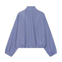 Women's Plaid Elastic Hem Long Sleeve Shirt, Casual Style, Button Front, Checkered Pattern - Blue - View 7