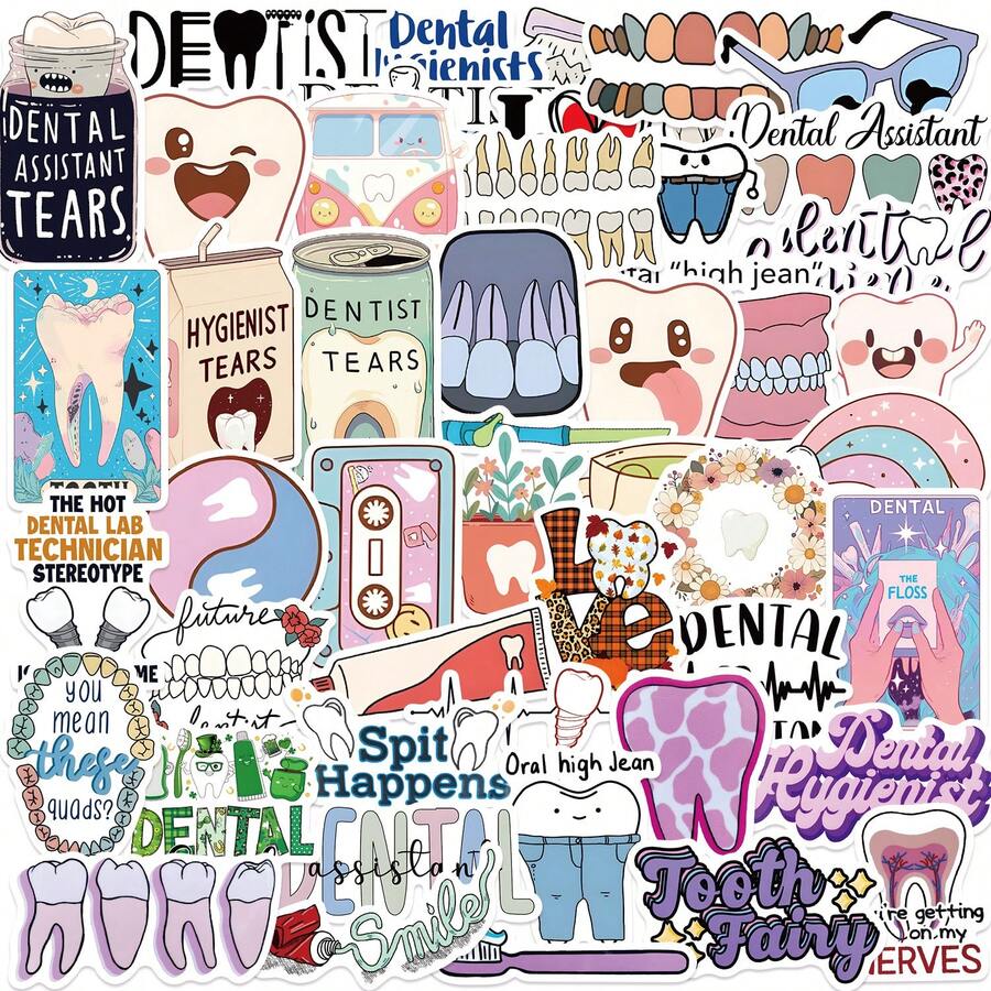 50PCS Cartoon Dentist Graffiti Stickers Funny Cute Tooth Reward Party Aesthetic Stickers Vinyl Waterproof Stickers For Water Bottle,Computer,Laptop,Phone,Luggage,Notebook,Fridge - Multicolor - View 1