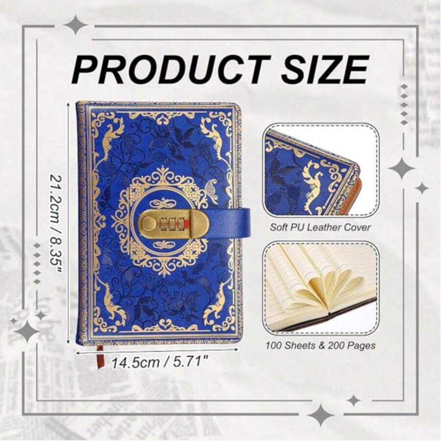 1pc Vintage Style Combination Lock Leather Notebook A5 Size Diary Lined Pages Floral Pattern - Multicolor - View 1