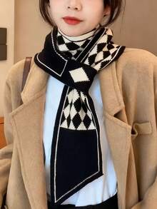 1件復古保暖針織鈕扣領巾圍巾，女款時尚百搭開襟領圍披肩，冬季防寒護頸保暖領巾 - 黑色 - 查看 3