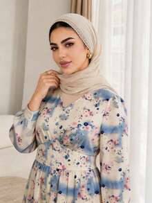 Plus Size Elegant Fashion V-Neck Long Sleeve Ditsy Floral Dress, Ruched Waist Ruffle Hem Tea Length Maxi Dress For Daily Wear, Outings, Gatherings And Commuting - Multicolor - View 5