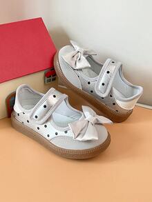 Girls Polka Dot Bow Ballet Shoes Hook & Loop Soft Sole Anti-Collision Toddler Shoes - Silver - View 2