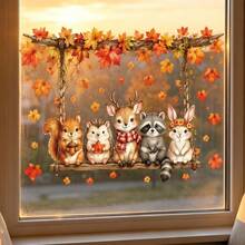 1PC Fall Autumn Village Static Window Stickers, Cute Harvest Houses Maple Leaf Pumpkin Acorn Flying Birds Decal, Static Cling No Glue Easy Removable, For Glass Window, Door, Shop Window, Home Thanksgiving Decor - Multicolor - View 6