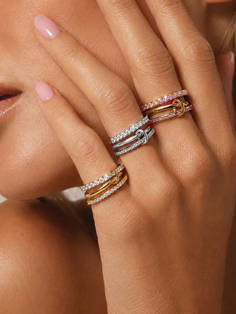 1pc Luxury Fashion 18K Gold Diamond Ring, Waterproof Non-Fading Stainless Steel Multi-Layer Ring, Suitable For Daily And Party Wear, Holiday Gift - Ring - View 1
