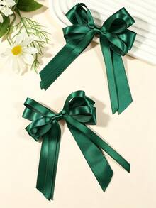 2pcs Green Ribbon Bow Hair Clips, Green Satin Ribbon Hair Accessories, Suitable For Daily Wear And Outings, Perfect Gift Choice - Green - View 3