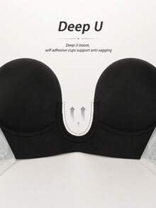 1pc Black Deep U-Shaped Invisible Bra Adhesive Tank Top, Invisible Lifting Top, All-Day Wear Fixed Design, Adhesive Bra, Deep U-Shaped Design, Invisible Fit, Perfect For Wedding, Banquet And Formal Party Looks, Suitable For Wedding, Evening Gown And Office Suit - Thick style - View 5