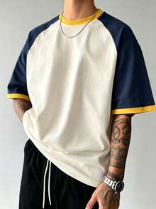Men's Retro Colorblock T-Shirt, Breathable Knit Fabric, Regular Crew Neck Design, Suitable For Daily Wear - Apricot - View 1