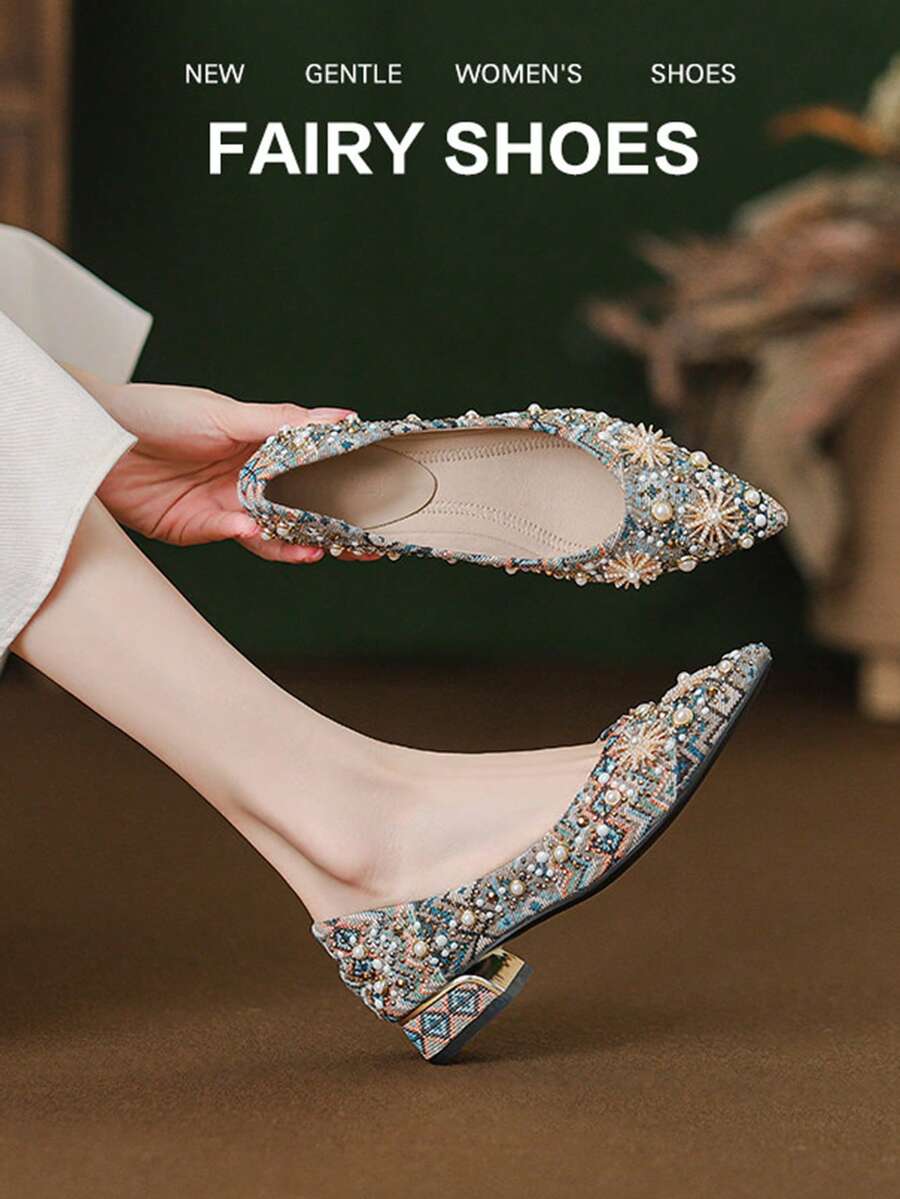 Heavy Beaded Rhinestone Pointed Toe Low Heel Women's Slip-On Shoes, Vintage Jacquard Fabric Party Wedding Shoes - Color - View 1