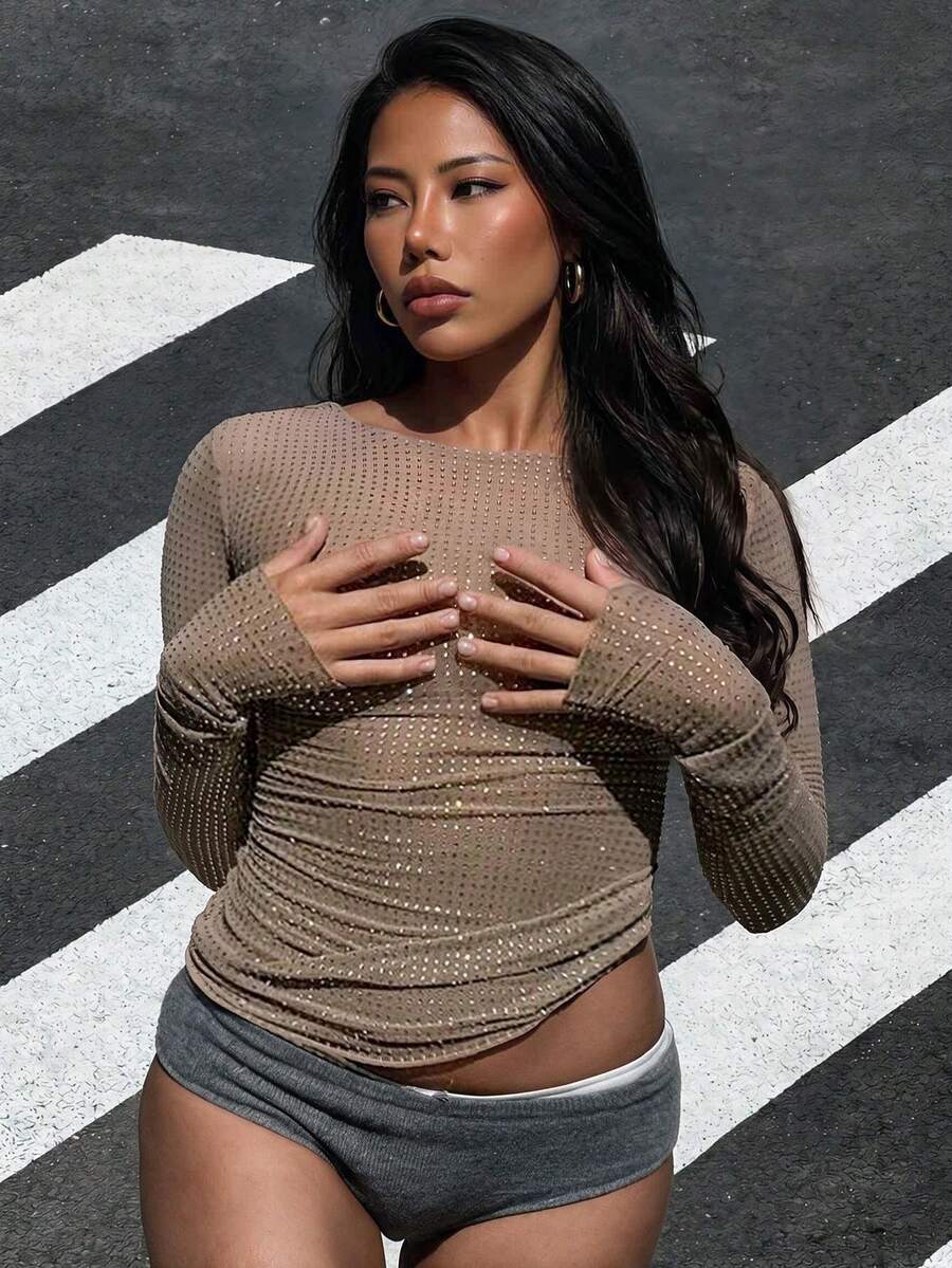 Plus Size Women's Fashionable Sexy Rhinestone Sheer Fitted Elegant Versatile Long Sleeve Round Neck Top, Music Festival Spring Casual - Khaki - View 1