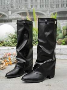 1 Pair Hot-Selling Ruched Fold-Over Boots, Fashionable Buckle Chunky Heel Comfortable Solid Color Western Style Casual Outdoor Mid-Calf Boots - Black - View 7