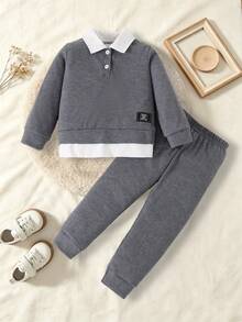 2pcs/Set Boys Casual Letter Patchwork & Colorblock Long Sleeve Polo Top With Solid Long Pants Outdoor Outfit, Spring/Autumn - Grey - View 2
