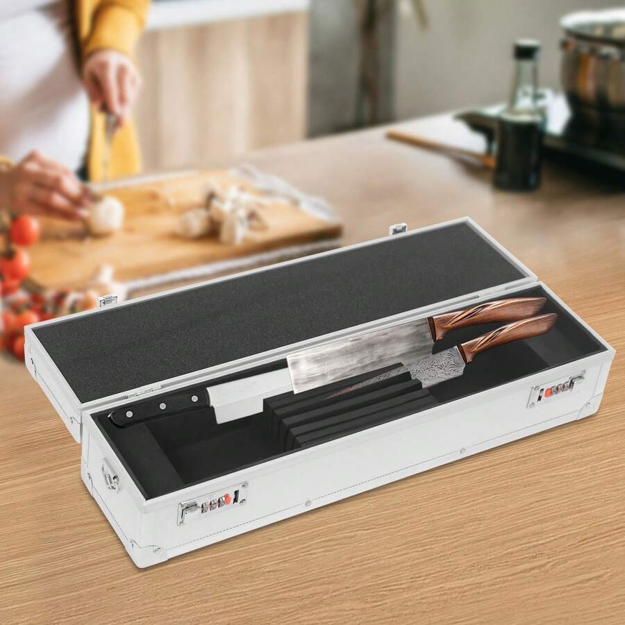 RIBASUBB Knife Case 8 Slot Aluminum Alloy Lock Box Black Silver Portable Modern - Silver - View 1