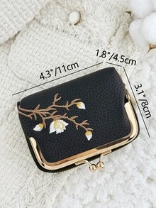 時尚花卉刺繡外觀，夾扣開合設計，輕巧便攜，女款短款多功能錢包 - 黑色 - 查看 8