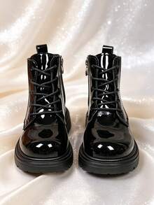 1 Pair Girls' Boots, Soft Mirror PU Material, Soft Sole With Height Increase And Inner Zipper Design, Fashionable British Style Ankle Boots, Suitable For Boys And Girls Students Daily School And Holiday Wear, Autumn/Winter New Style - Black - View 3