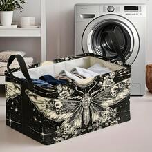 1PC Gothic Moth Skull Moon Floral Print Storage Basket With Handles, Dark Celestial Starry Rose Vintage Pattern Household Organizer Bin, Suitable For Multi‑Purpose Storage Of Clothes Sundries, Home And Room Decor - Black - View 6