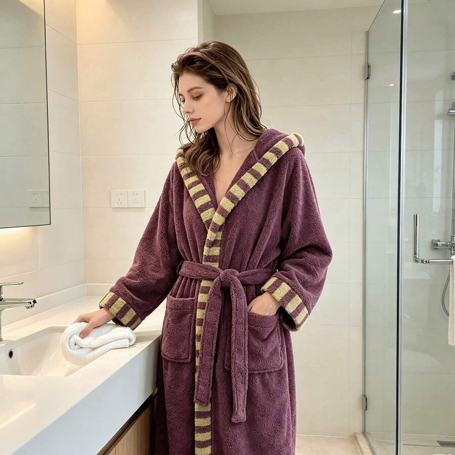 1pc Autumn/Winter Striped Colorblock Extra Long Plush Thickened Warm Home Bathrobe, Thickened Plush Fabric, Unisex Couple Style - Bathrobe - View 1