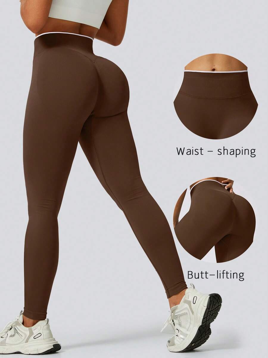 Mocha Color Block High Waist Leggings, Tummy Control And Butt Lift, Suitable For Fitness, Running, Yoga, Gym, Autumn/Winter Fashion Sportswear - Mocha Brown - View 1