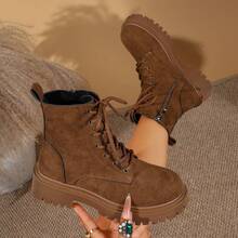 1 Pair Maillard Brown Thick Sole Height-Increasing Ankle Boots British Style Matte Boots Fashion Boots Outdoor - Khaki - View 4