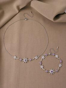 18K Gold-Tone Necklace And Bracelet Set, Versatile Textured Copper With Zirconia, Suitable For Dating, Parties, Gifts And Daily Wear - Silver - View 2