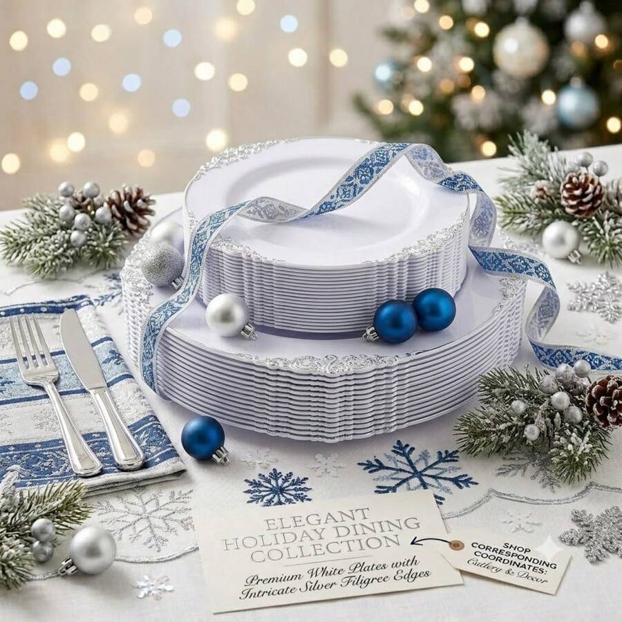 Silver Cheese Tray/Platter/Plate, 10.25 Inch Dinner Plate/7.5 Inch Side Plate, White Base With Silver Embossed Dragon Pattern Design, Washable And Reusable Party Plates, Fruit/Cake Tray, Platter, Stackable Space-Saving. Perfect For Weddings, Parties, Birthday Gatherings, Outdoor Garden Banquets, Christmas, Thanksgiving Dinner