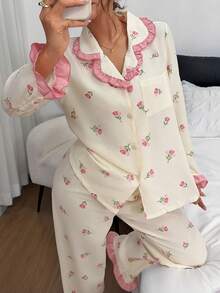 Dreamivo Women's Ruffle Trim Playful Elegant Loungewear Set, Little Cherry Striped Print Long Sleeve Pants Contrast Color Pajama Set - Multicolor - View 6