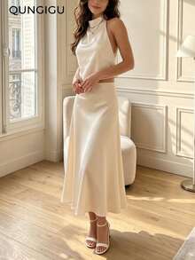 Women Satin Two Pieces Set Halter Top And Mermaid Skirt Old Money Aesthetic Fall Winter Outfits For Evening Party Going Out Dating - Beige - View 3